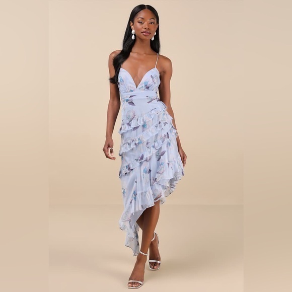 Lulus Dresses & Skirts - NEW Lulus Saveria Light Blue Floral Ruffle Asymmetrical Maxi Dress XS Party